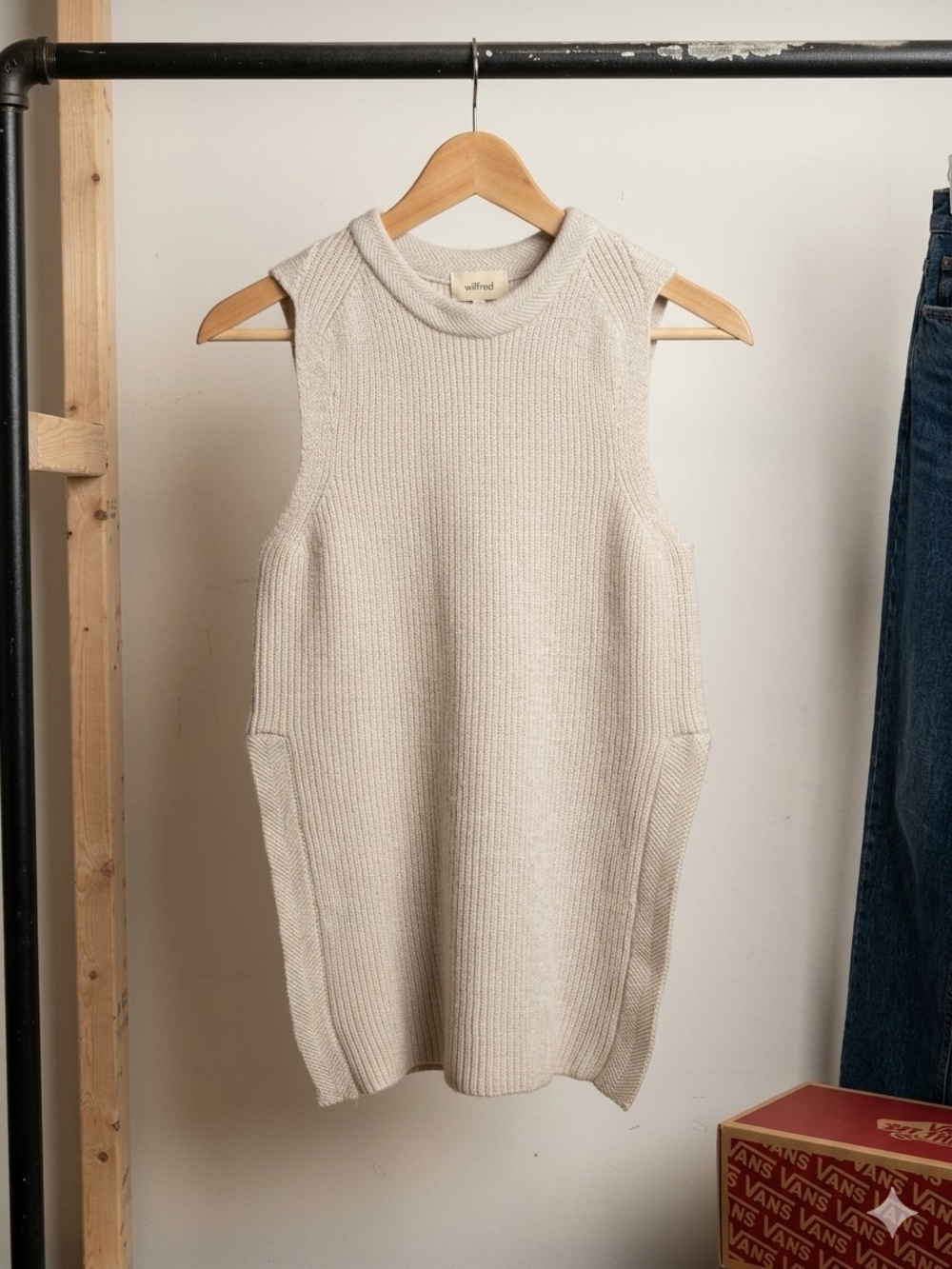 Wilfred Off-Shoulder Ribbed Knit Sweater Vest in Light Beige